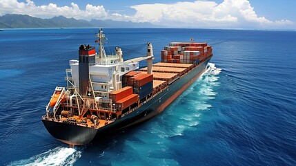 Obraz premium A large cargo ship loaded with containers navigates across the vast blue ocean under a clear sky, mountains in the distance..