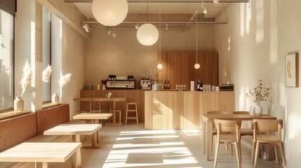 A modern, minimalist café interior bathed in the warm glow of sunlight, featuring clean lines, wooden furniture, and elegant pendant lights, creating a serene and welcoming space.. - obrazy, fototapety, plakaty