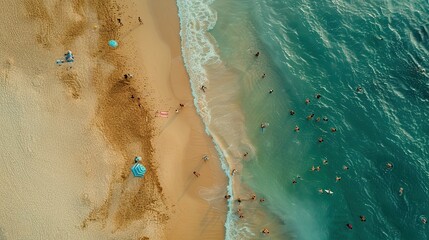 Fototapeta na wymiar This bird's-eye view captures the lively scene of a sunny beach, where people are swimming and lounging under colorful umbrellas on the golden sands beside the sparkling sea..