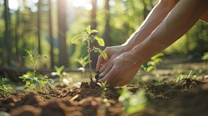 Human hands carefully nurture a young plant, planting it into fertile soil, under the rays of the sun, symbolizing hope and growth..