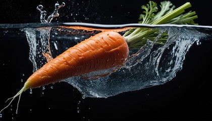 Vibrant carrots cascading into water, generating captivating splashes against a dramatic black background, a refreshing sight