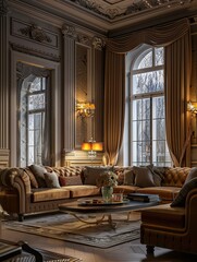 The image showcases an elegantly designed living room with classic furniture, warm lighting, and a luxurious feel, accentuated by rich textures and architectural details..
