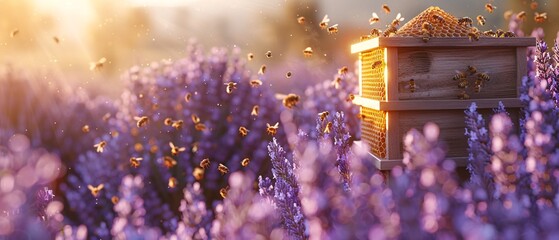 Beekeeping in a Field of Lavender The Symbiotic Relationship Between Bees and Lavender Generative AI - obrazy, fototapety, plakaty
