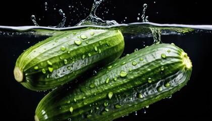 Fresh cucumbers diving into water, creating dynamic splashes against a sleek black backdrop, a vibrant celebration of farm-fresh produce