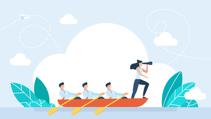 Confident businesswoman, boat captain, uses spyglass for future vision. Business team on boat. Confident leader woman points direction. Female boss steers ship with rudder. Vector illustration - obrazy, fototapety, plakaty