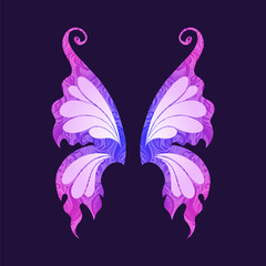 Vector card of neon butterfly wings. Tracery elf wings on a dark background. Fairytale gradient card - 777061540