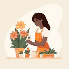Vector flat illustration of a cute african woman gardener in an apron with flowers in pots. Hobbies floristry and a pleasant pastime. Illustration for articles and postcards - 777061960