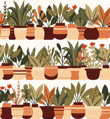 Vector pattern with house plants in various pots on shelves. Texture with horizontal borders with flat plants in vases for wrapping paper, wallpaper. Hobby greenhouse - 777062393