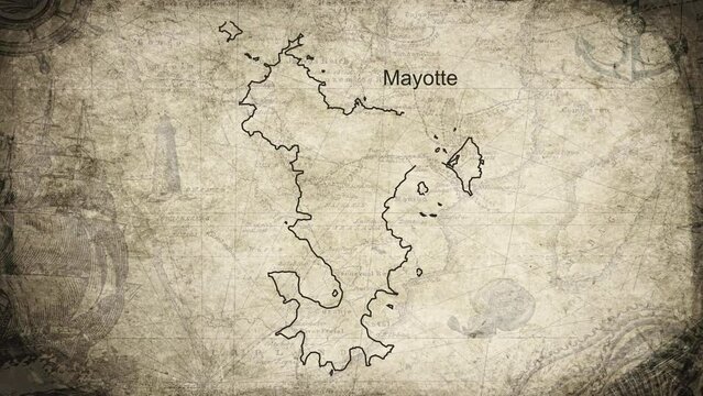 Mayotte map drawn on a cartography background sheet of paper