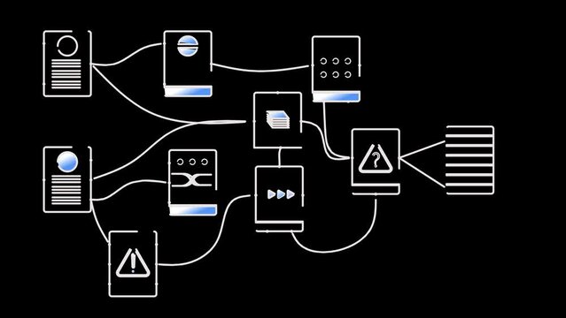 Icons with symbols of accumulation, transmission, analysis and classification of information on a black background. Cg