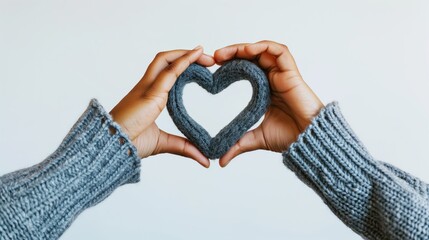 Close up of two hands in gray knit shirt holding a knit heart shape against a white background.
