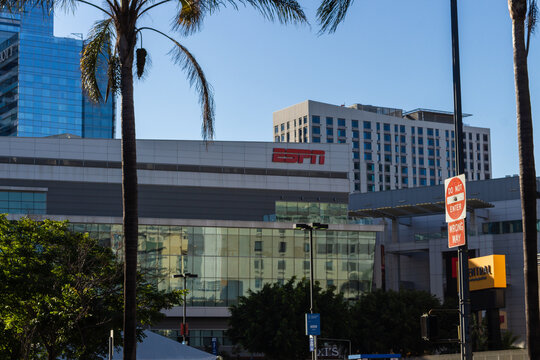 Los Angeles, California, USA, June 20, 2022: ESPN&rsquo;s five-story production and broadcast facility is located within the L.A. Live complex in Downtown Los Angeles.