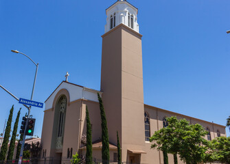 Los Angeles, California, USA, June 21, 2022: The St. Kevin Catholic Church. St. Kevin's Parish was formed in June 1923. It was formerly part of St. Brendan's and St. Basil's. Romanesque architecture.