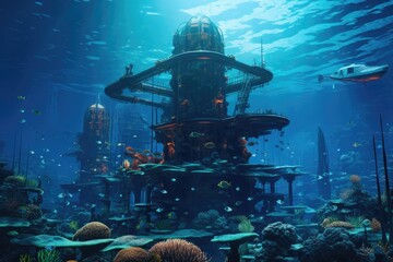 Underwater city under  onstruction, Underwater construction of a marine habitat, Illustration of an ancient underwater city, AI generated