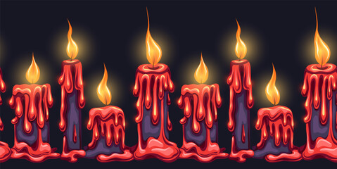Vector mystic border of cartoon candles with lights on dark background. Horizontal frieze of red wax candles for mobile games, condolence letters and invitations - 777063152