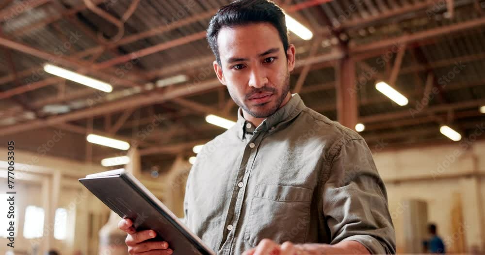 Poster carpenter or man, tablet and check material for project, manufacturing and construction with technol