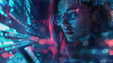 The woman behind the tablet, immersed in data analysis and digital technology, strives to unlock the potential of software and holograms for coding.