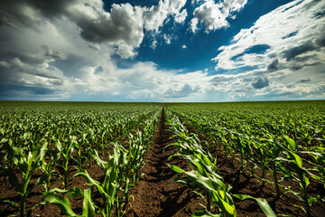 Vast corn field under a cloudy sky