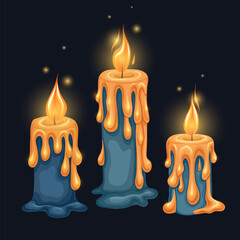 Vector set of cartoon candles with lights. Mystery collection cliparts of blue wax candles with sparkle on a dark background for mobile games, condolence letters and invitations - 777063549