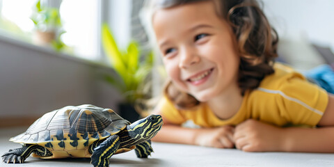 Cute young child holding her pet turtle in sunny living room. Kid and her best tortoise friend at home.