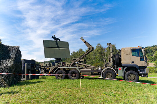 Swiss Army exhibition at shooting range of Swiss City of Bülach with Taflir airspace radar system on a sunny summer day. Photo taken August 18th, 2023, Bülach, Canton Zürich, Switzerland.