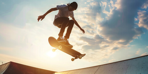 Teenage skater riding on a skateboard in urban area on sunny summer evening. - obrazy, fototapety, plakaty