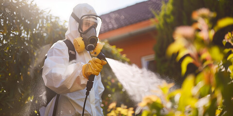 Disinfector in protective suit processes territory of garden plot sprays poison from mosquitoes, ticks and pests. Pest control worker spraying insecticides or pesticides outdoors. - obrazy, fototapety, plakaty