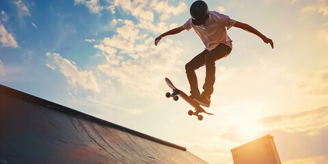 Teenage skater riding on a skateboard in urban area on sunny summer evening.
