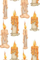 Vector pattern with cartoon candles with lights on white background. Religion backdrop. Vertical texture with white wax candles for textile, wallpaper - 777063986