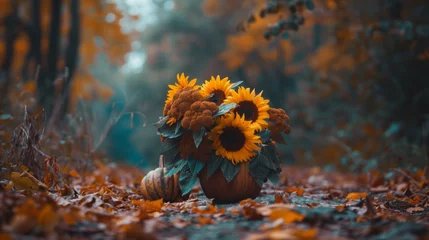 Rolgordijnen A beautiful autumnal arrangement with sunflowers and a pumpkin amid fallen leaves. © tashechka