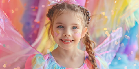 Fototapeta na wymiar Cheerful six years old girl wearing rainbow fairy fancy dress celebrating birthday outdoors with colorful confetti and balloons. Children birthday party in a backyard.