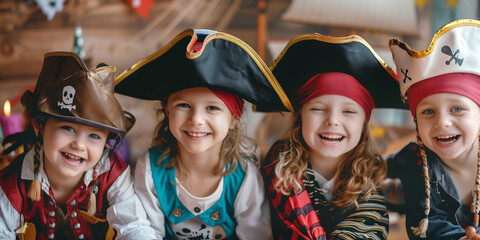 Cheerful six years old kids wearing pirate costumes and hats celebrating birthday outdoors with...