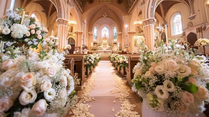 Luxurious church wedding aisle adorned with white flowers, perfect for matrimonial settings. - obrazy, fototapety, plakaty