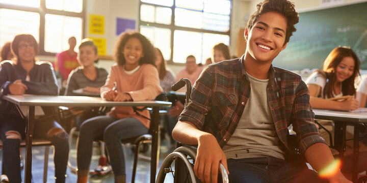 Cheerful teenage boy sitting in a wheelchair in a classroom in school. Disabled child learning new skills with his typical peers. Education for special needs children.