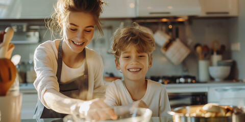 Cute ten years old boy helping his mother to cook food in kitchen. Mom and son preparing dinner at home. Mommy and child having quality time together. Bonding with preteen kids.