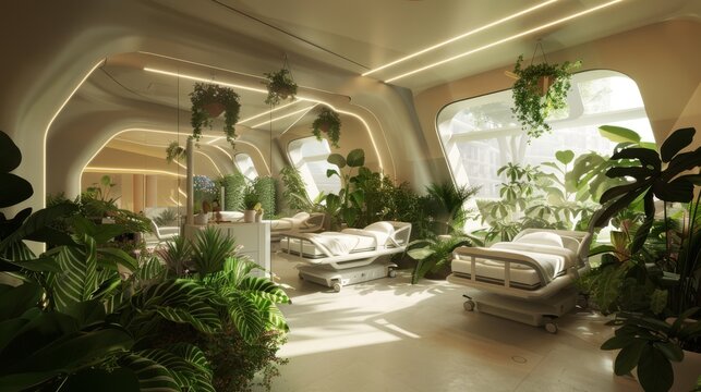 Eco-friendly hospital maternity room surrounded by lush greenery, ideal for modern healthcare designs.