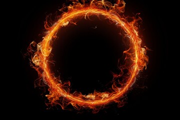 Circular frame created from fiery flames burning in circle formation against black backdrop