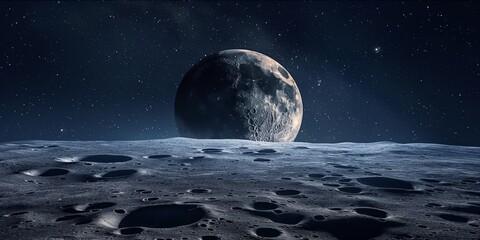 A mesmerizing view of the moon's cratered surface with a starlit sky, conveying the vastness of...