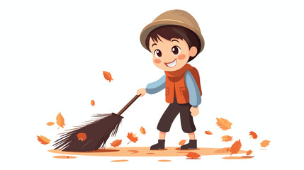 Cartoon boy gardener raking leaves flat vector isolated