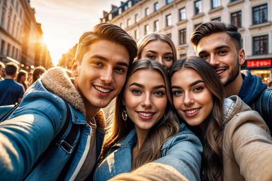 Eine Gruppe junger Menschen macht ein Selfie - gut gelaunt