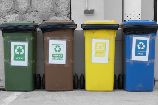 Recycling containers of various colors