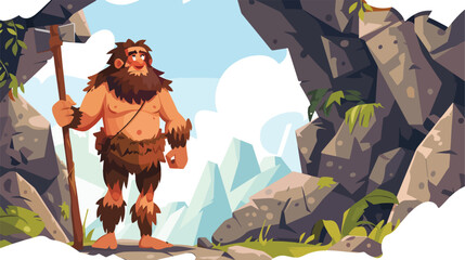 Cartoon caveman holding club with cave background flat