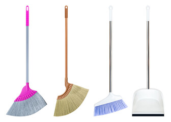 Collection set plastic broom and dustpan - obrazy, fototapety, plakaty