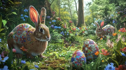 A rabbit, possibly a Mountain Cottontail or Audubons Cottontail, is nestled in the grass among Easter eggs, resembling a scene from a painting AIG42E - obrazy, fototapety, plakaty