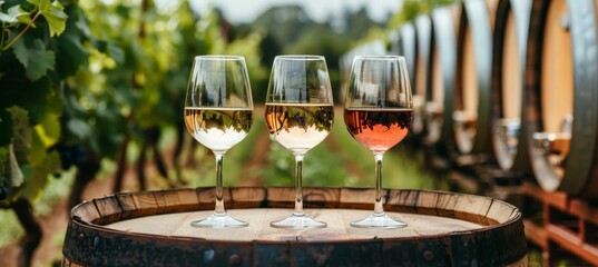 Elegant display of red, white, and rose wines on wooden barrel in picturesque vineyard scene