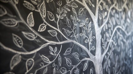 On one chalkboard wall a family tree is drawn out with delicate branches and leaves representing the different artists who have worked in the space. Each persons name and a brief description . - obrazy, fototapety, plakaty