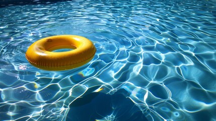 Vibrant yellow pool float ring gently drifting in refreshing crystal clear blue swimming pool water