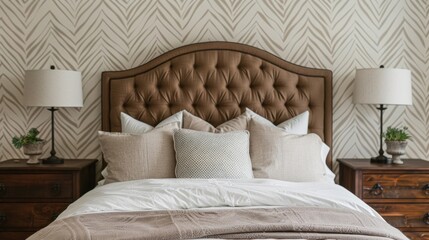 As you enter the master bedroom you are greeted by a grand herringbone upholstered headboard creating a striking visual contrast against the textured wallpaper. The timeless herringbone .