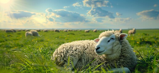 Serene Pastoral A Sheep Resting in a Field of Sheep Generative AI