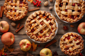 Autumn Apple Pies. Freshly baked apple pies with lattice crust, surrounded by fall decorations. - obrazy, fototapety, plakaty